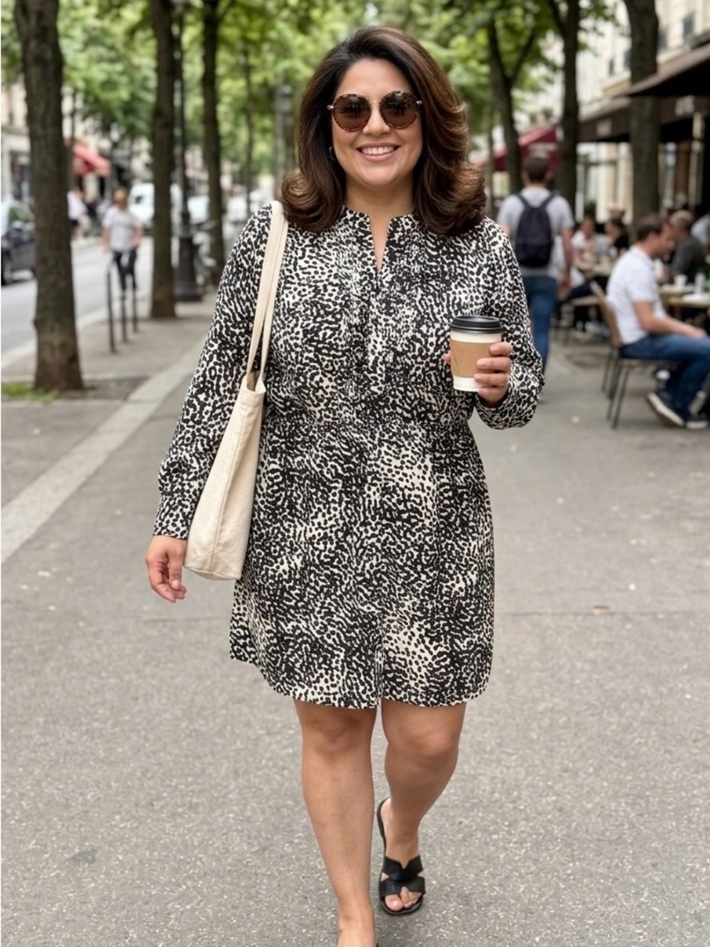 Merona Black and Cream Animal Print Long-Sleeve Dress